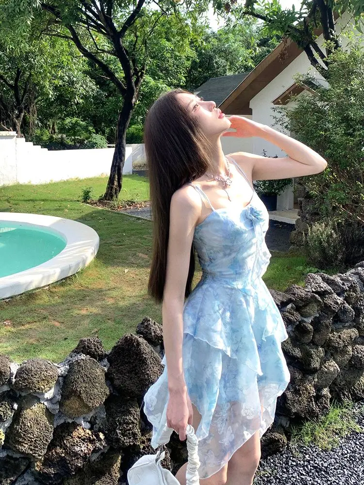 Sling Dress Suit Flowers Irregular Chiffon Summer Women Short Sleeve Holiday Style Korean Fashion Broken Short Skirt Dress