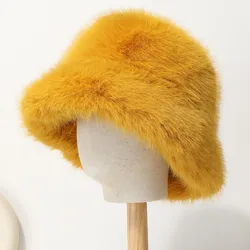 Bright Color Thick Faux Fur Hat Women Warm Bucket Hats Winter Cold Weather Sweet Girl Bonnet Female Fluffy Furry Fisherman Hat