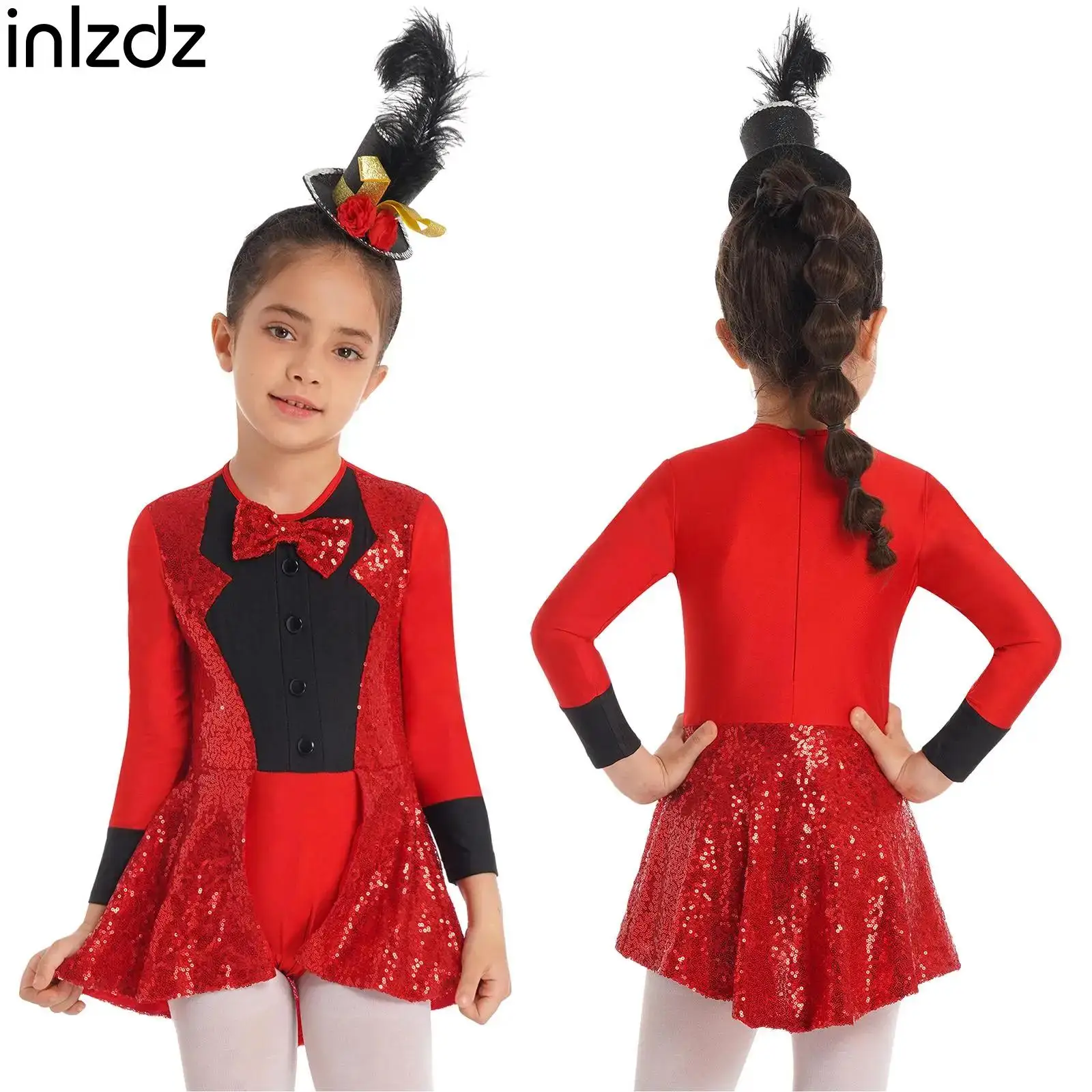 

Kids Girls Jazz Modern Dance Cosplay Costume Bodysuit Leotard Long Sleeves Bow Tie Leotard with Hem Performance Party Clothes