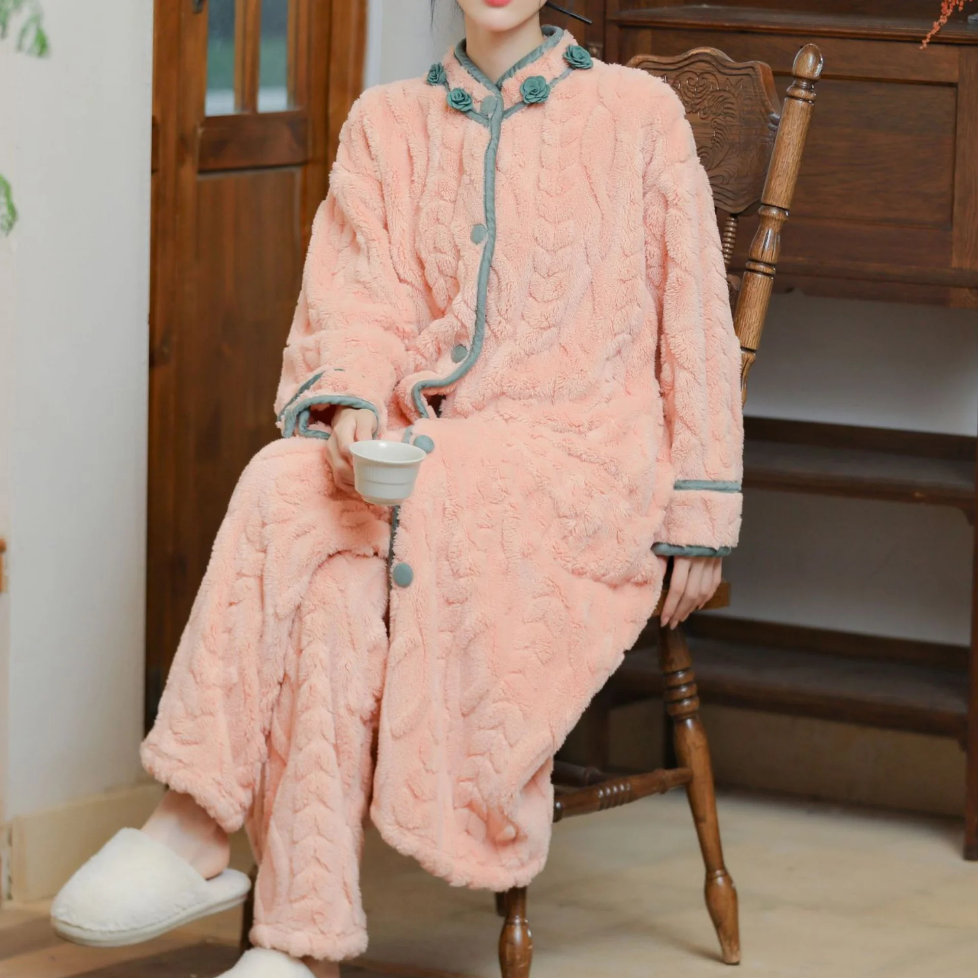 Jacquard Flannel Long Robe 2PCS Pajamas Set Autumn Winter Women Sleepwear Pyjama Pour Femme Chinese Style Homewear Loungewear