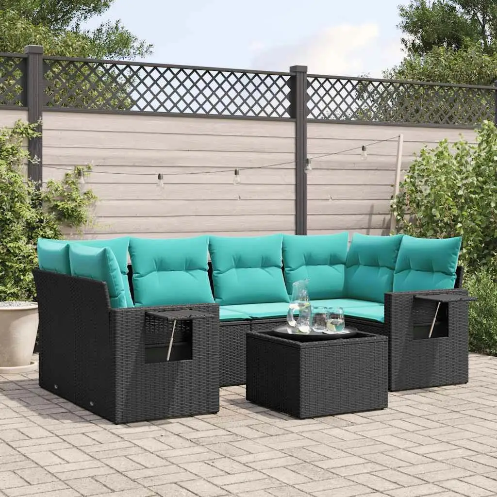 

Modern 7 Piece Rattan Patio Sofa Set with Cushions Outdoor Furniture Black