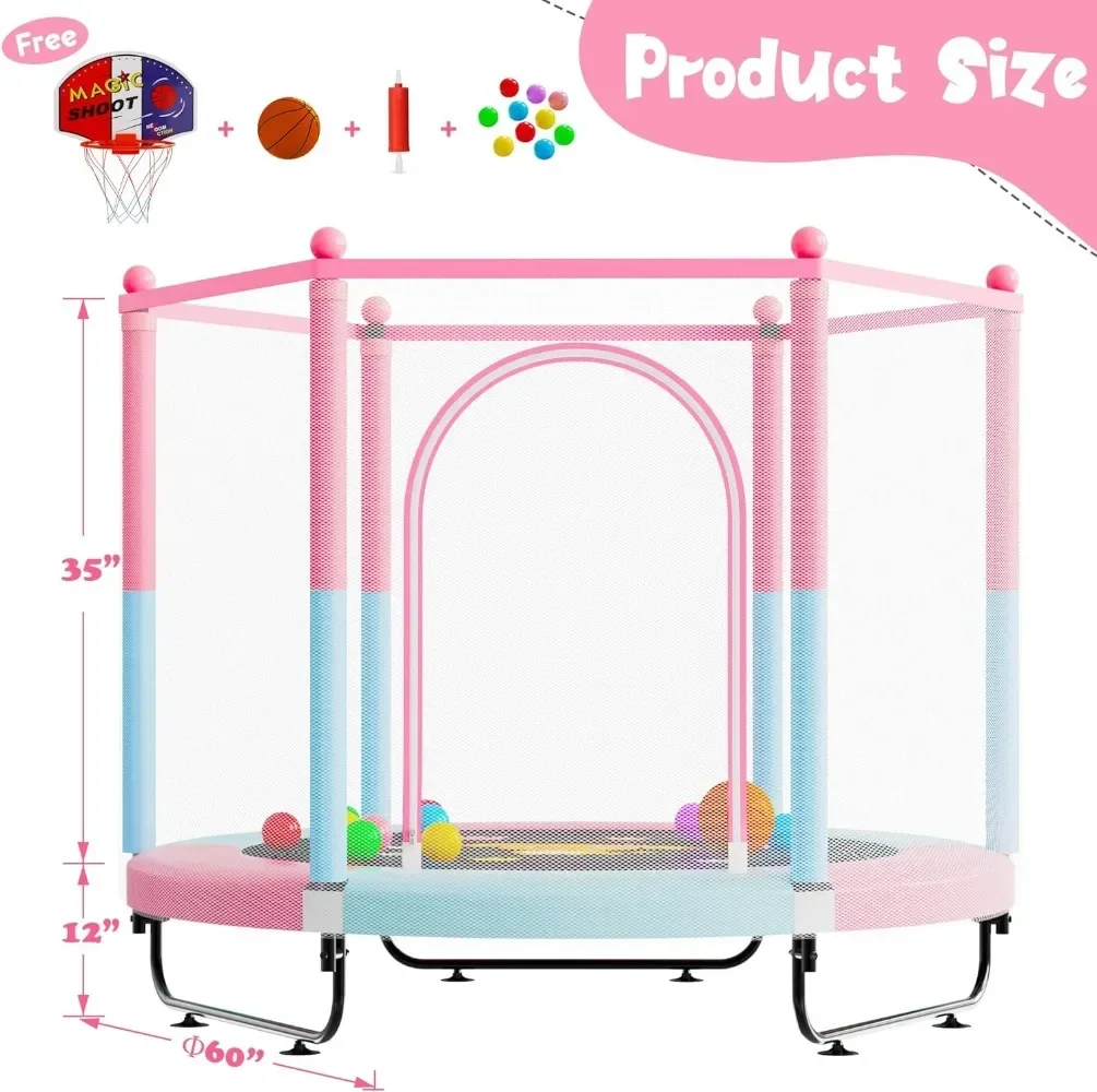 

Trampoline for Kids, 5 FT Indoor & Outdoor Small Toddler Trampoline with Basketball Hoop, Safety Enclosure, Baby Trampoline