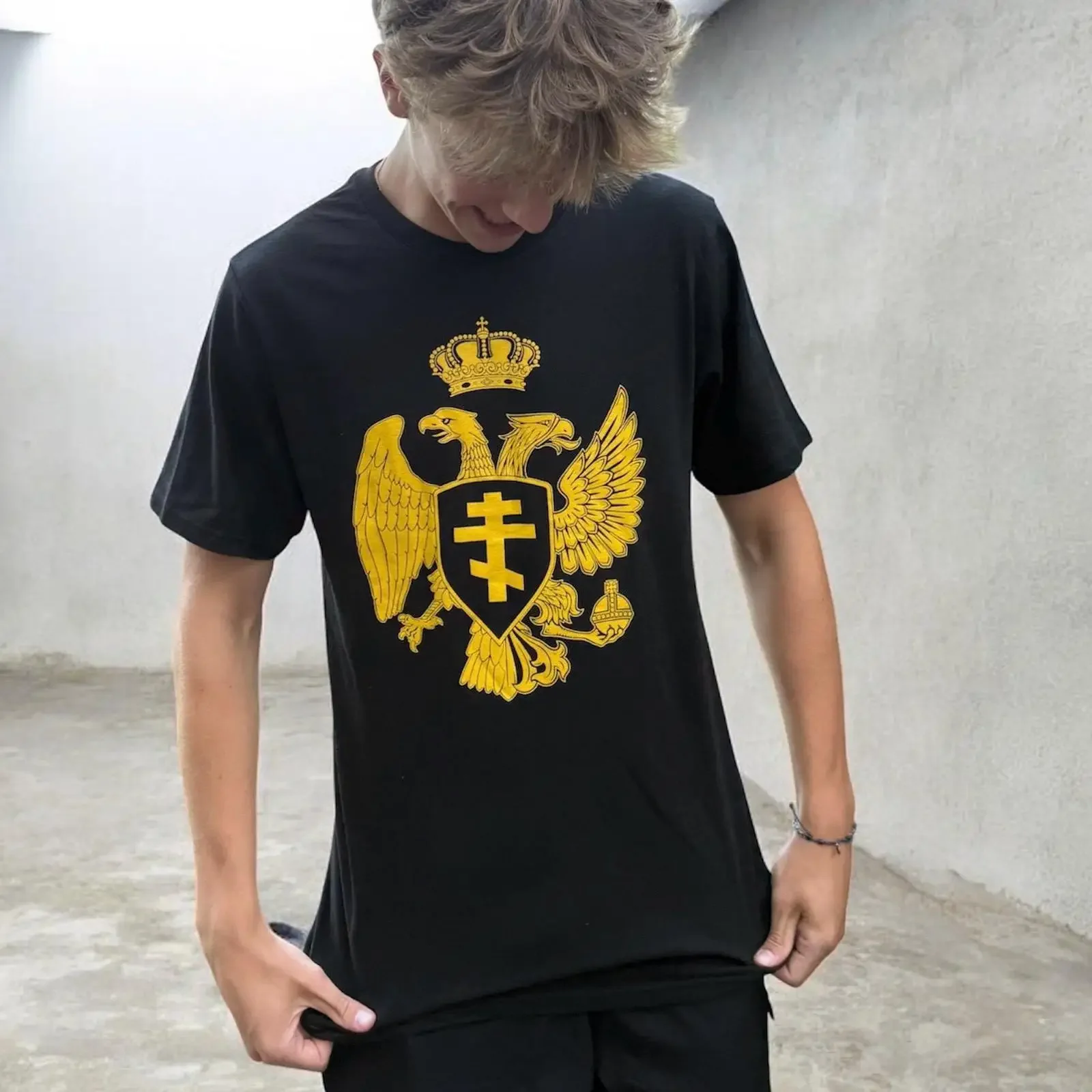 T-shirt Aigle à deux têtes, vintage, délavé, polyvalent, pour homme, à porter au quotidien, avec motifs d'unité serbe et russe, et de patrimoine slave, extensible