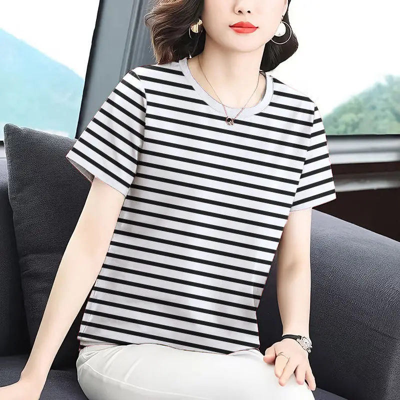 

Slimming Stripe T-Shirt Women's Short Sleeve Fashionable Shoulder High Waist Summer New Style Commute Style Polyester Fiber