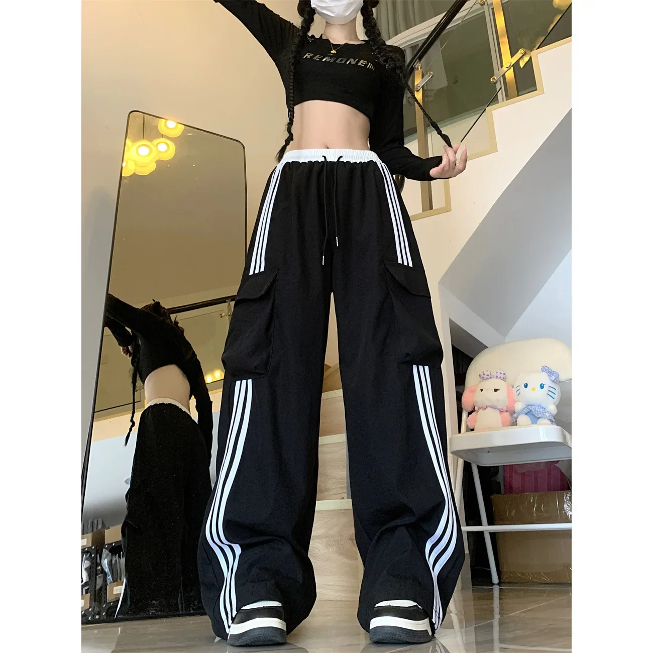 American Style Women's Summer Loose-Fit Cargo Pants Black Straight-Leg Bell Bottoms Casual Sweatpants Larger Size Available