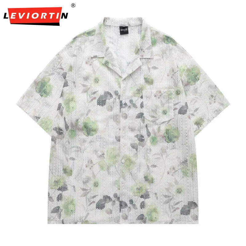 

2025 Summer American Retro Printed Hollow Short Sleeve Shirt for Men, Loose, Casual, Versatile, Simple Collar Shirt YD-3102