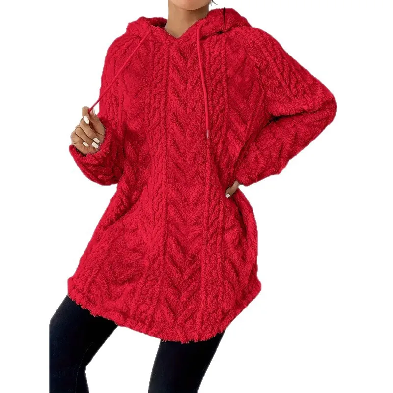 2025 Women's Solid Color Hooded Jacquard Long Sleeved Sweatshirt Jacket Slim Fit Drawstring Fur Sweatshirt