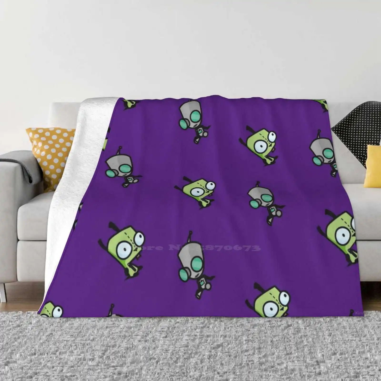 Checkered Gir Pattern [ Diagonal ] Soft Warm Throw Blanket Invader Zim Gir Green Dog Robot Cute