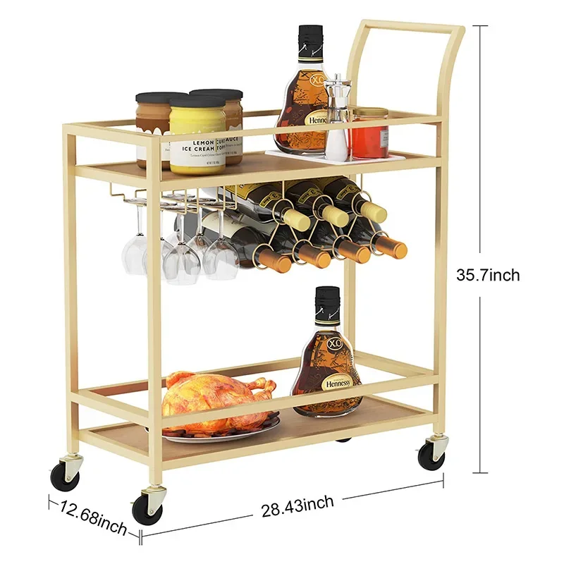 Moderne Mdf Top Meerlagige Houtnerf Pvc Mobiele Goud Metalen Wijn Opslag Keuken Trolley Food Truck Afneembare Bar Truck