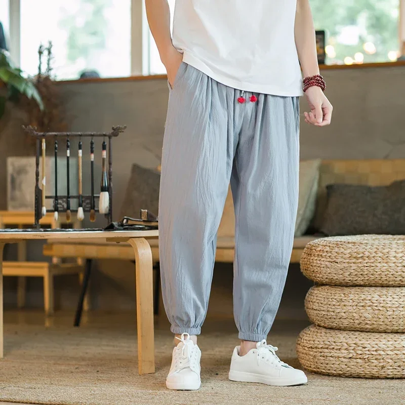 Japanese Large Size Cotton Linen Loose Harem Pants Men\'s Street Jogging Pants Men\'s Ninth Sports Pants and Ankle Men\'s Trousers