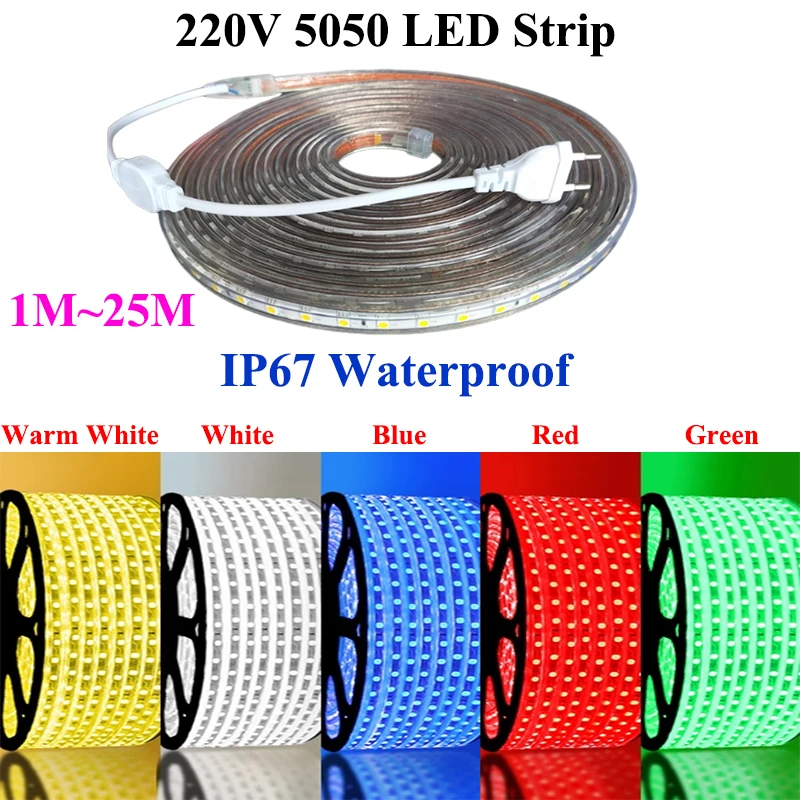

LED Light Strip SMD 5050 220V Strip Waterproof Outdoor LED Lights Room Decoration LED Strips 60 LEDs/m Decor for room With Plug