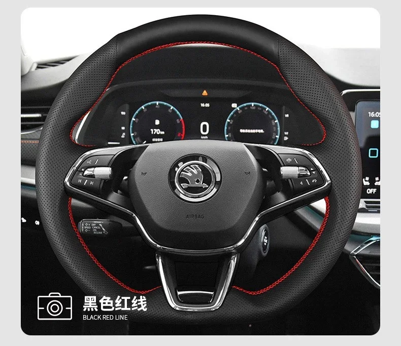 For Skoda Octavia Pro Karoq 2021-22 Black Leather DIY Hand Sewn Steering Wheel Cover Interior Handle Cover