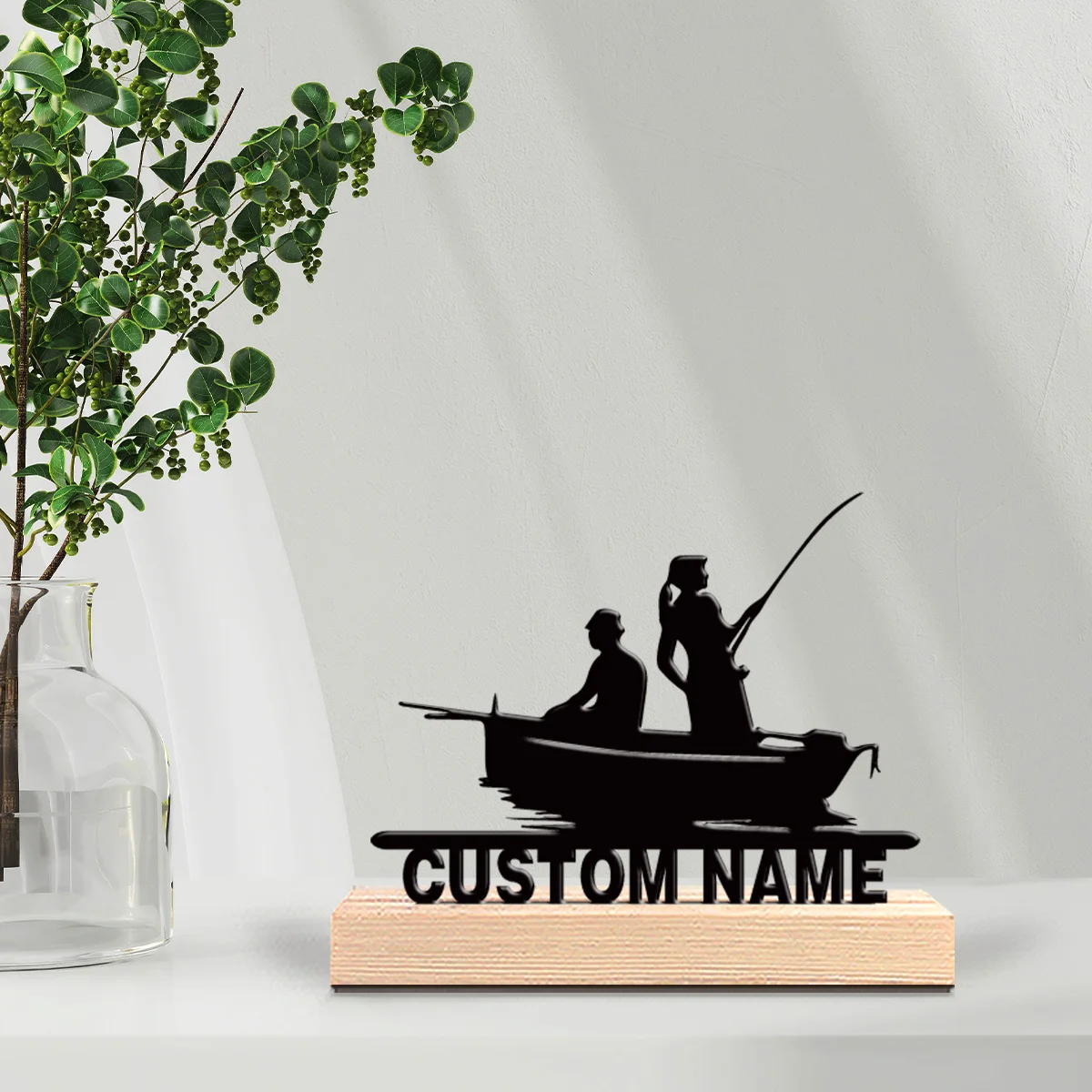 1pc Stylish Personalized Custom Boat fishing Metal Art With Wooden Base Tabletop Decoration Fishing Enthusiast Gift，Suitable For