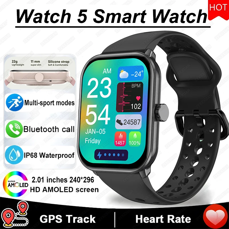 Reloj inteligente 5 para hombre, pantalla HD AMOLED, rastreador de actividad física, frecuencia cardíaca, llamada Bluetooth, seguimiento GPS, reloj inteligente deportivo resistente al agua para mujer