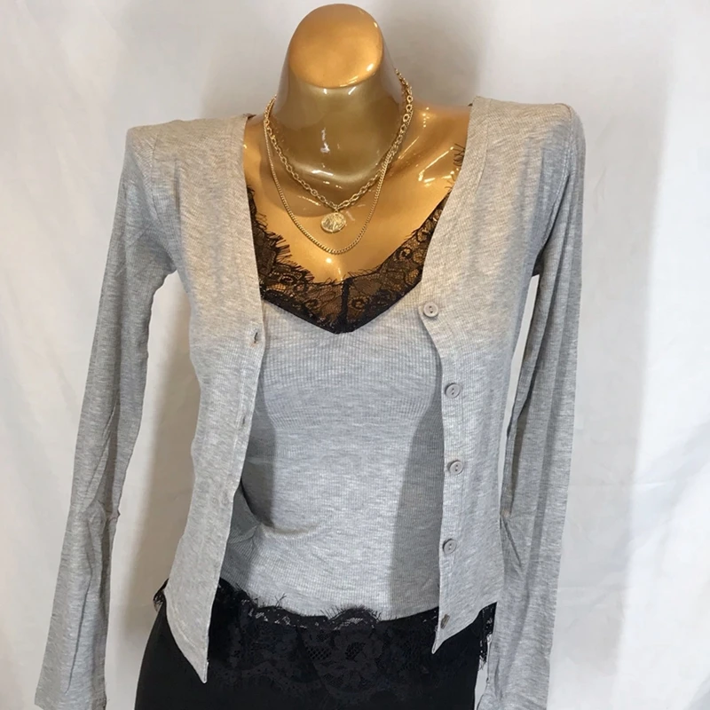 

Комплект из двух предметов: приталенный кардиган с кружевом и длинными рукавами, универсальный базовый слой, корейский стиль, весенняя новинка, футболка