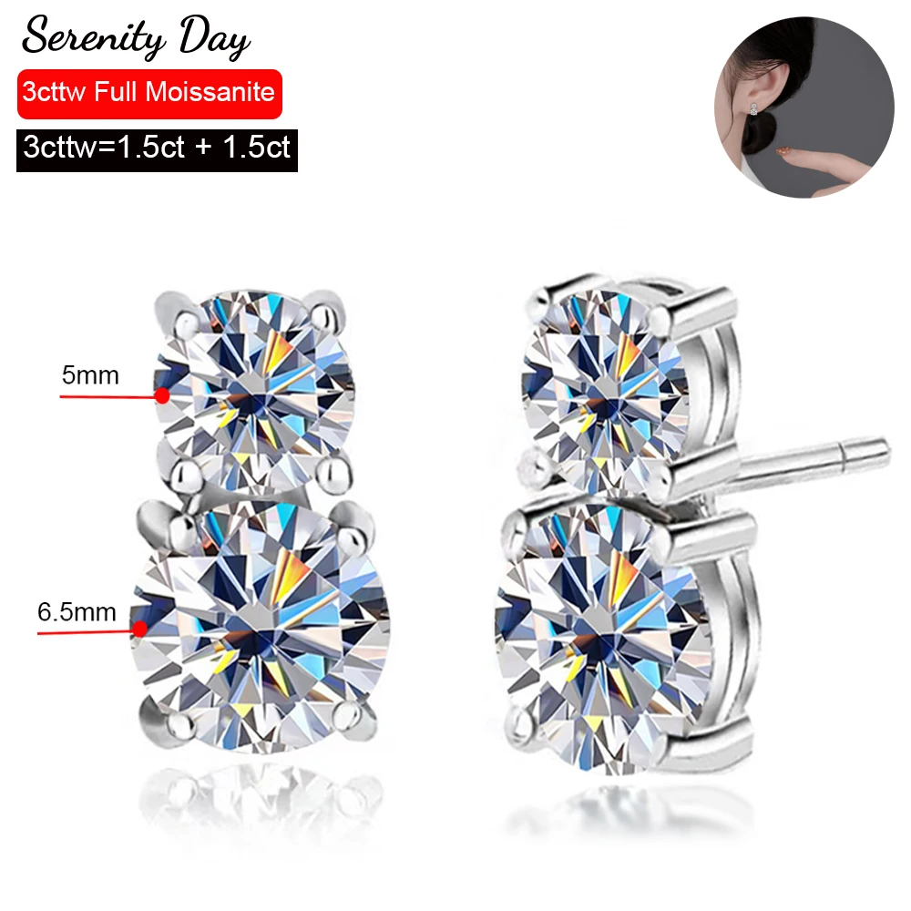 Serenity 3cttw Real D Color 5mm 6.5mm Full Moissanite Earrings For Women S925 Sterling Silver Plate Pt950 Stud Ear Fine Jewelry