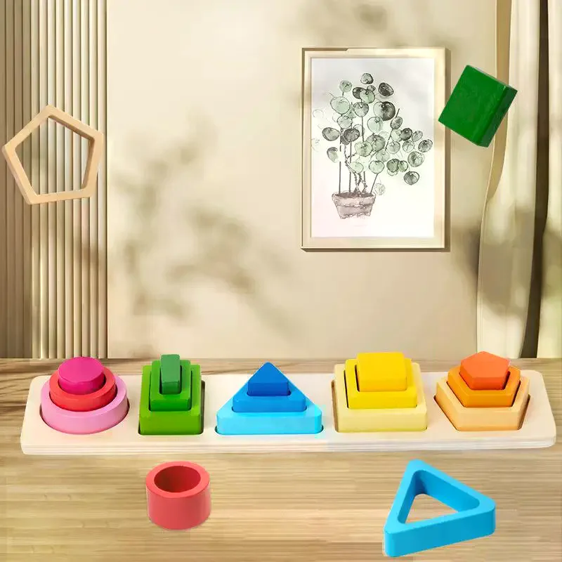 モンテッソーリ木製積み木おもちゃ、形と色の分類ブロックパズル - Wooden Blocks Stacking のレビューと価格