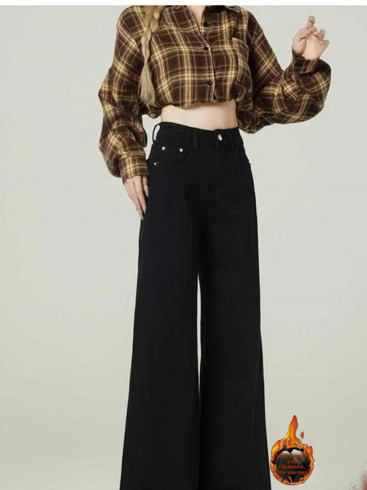 

High Waist Flared Jeans Women's Fleece Lined Thick Wide Leg Pants Winter Wear Ankle Length Bootcut Denim Trousers Slimming Ef...
