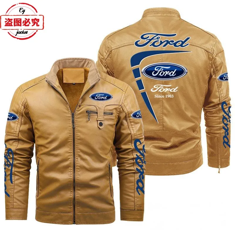 Ford LOGO Jacket Racing Suit Windproof Winter Plus Velvet Warm Ford Team Men's PU Leather Solid Color Jacket