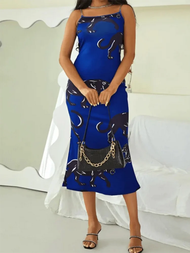 Women's Sexy Slim Dress Summer Sleeveless Blackless Blue Leopard Print Dresses