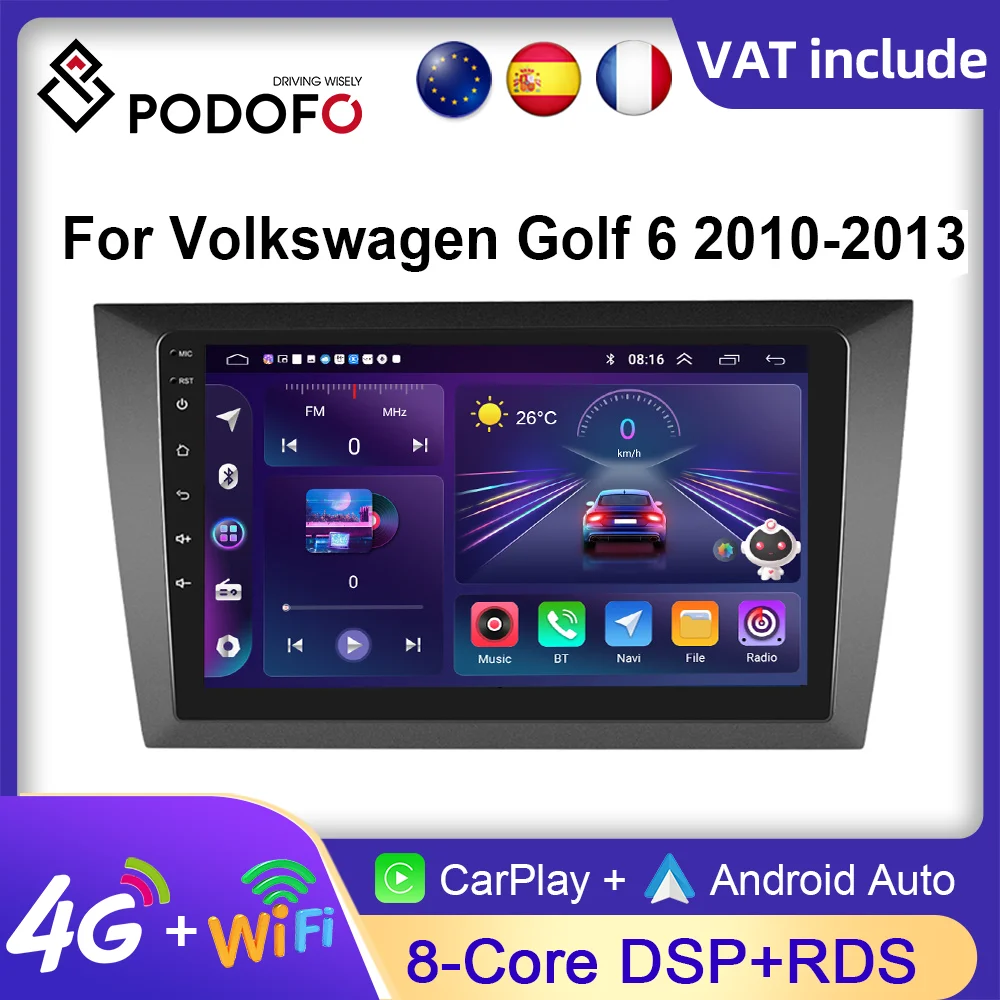 Podofo Auto Radio 2Din Android Radio Carplay For Volkswagen golf 6 10-13 AI Voice 4G GPS Car Multimedia Video Player Stereo 9