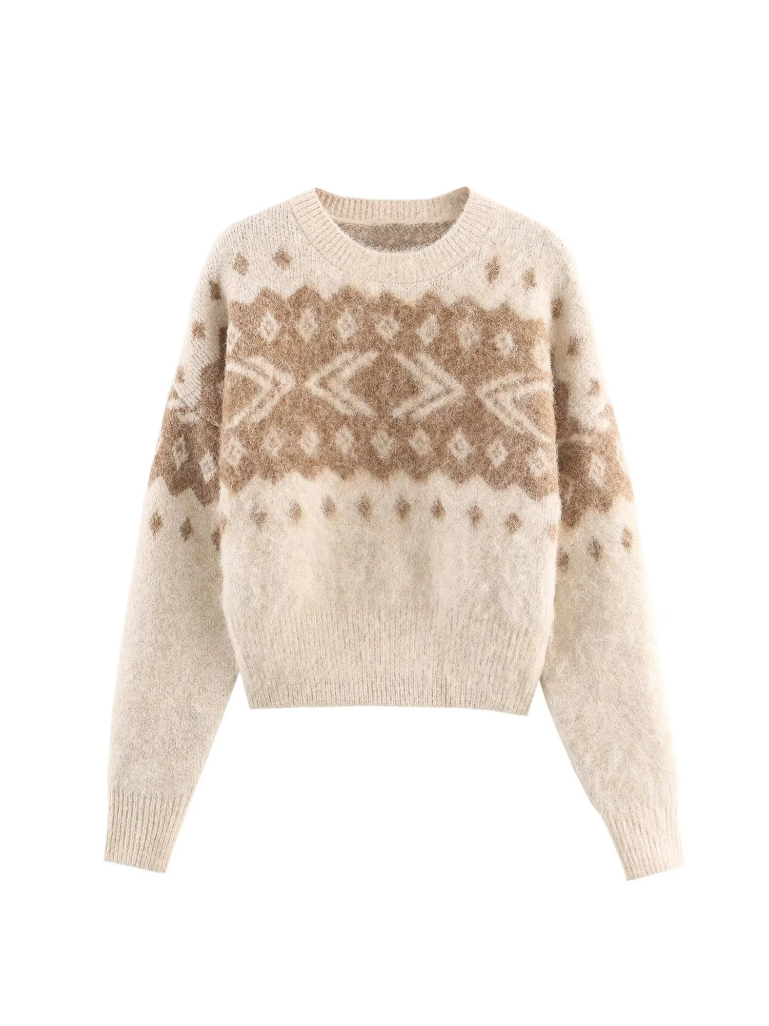 Women's Apricot Jacquard Pullover Sweater Vintage Jumper Knit Long Sleeves O-Neck Cashmere Sweater Autumn Winter 2000s Clothes