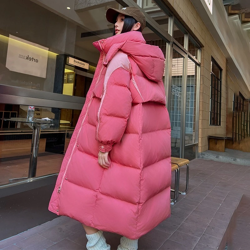 レディースロング厚手ダウンコート 2025年春新作 ファッションカラーブロック フード付き暖かいダックフェザージャケット カジュアル