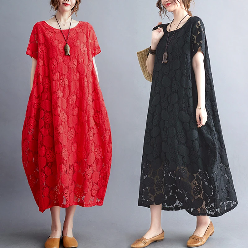  Color Lace Hollow out Dr Casual round Ne ort Sve Long Skirt for plus Size Women Summer Leisure on ape