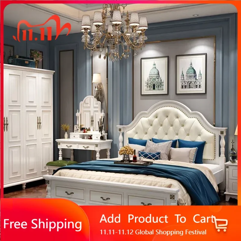 

Lazy Wood Modern Double Bed Mattress Set Luxury Girls Adults Sleeping Double Bed Queen Ergonomic Beliche Postmodern Furniture