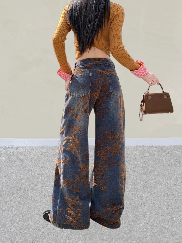 2025 American Retro Y2K Streetwear Fiori Ricamo Baggy Pantaloni jeans da donna Abbigliamento donna Pantaloni in denim gotico a gamba larga
