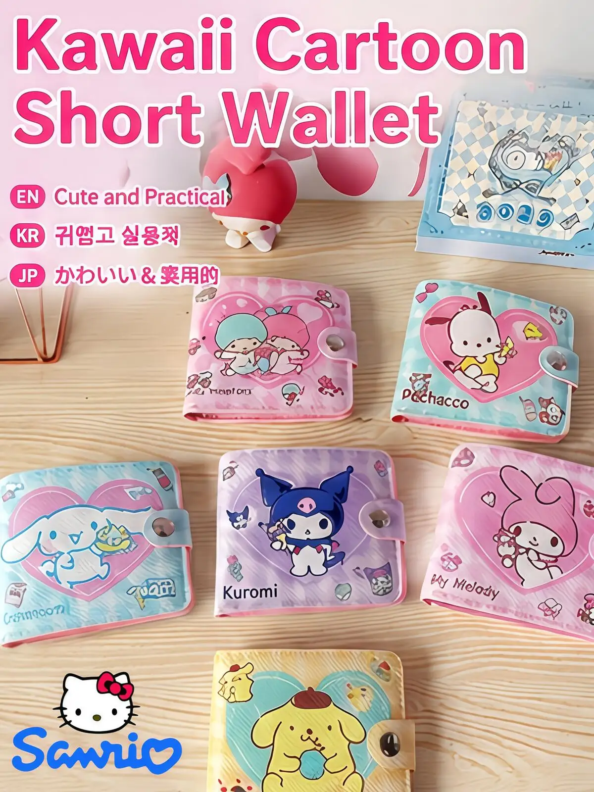 Sanrio Wallet PU Leather Girls Card Holder With Hasp Kuromi Cinnamoroll My Melody Coin Purse Kids Money Bag Student Gift