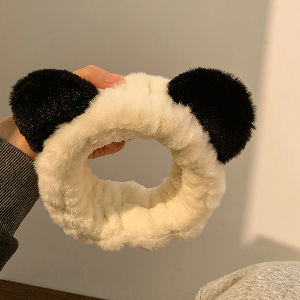 New Plush Panda Headband Coral Velvet Bear Ear Hair Hoop Hair Accessories Fluffy Elastic Hair Band Cartoon Ears Wide Hairbands