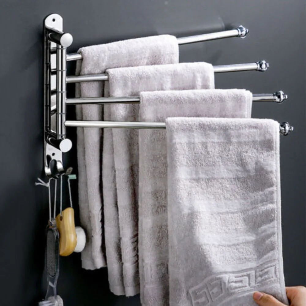 Portable Light Towel Holder,anti-rust 304 Stainless Steel Bathroom Bath Rack Rail Hanger Shelf,four-bar with Double Hook Silver