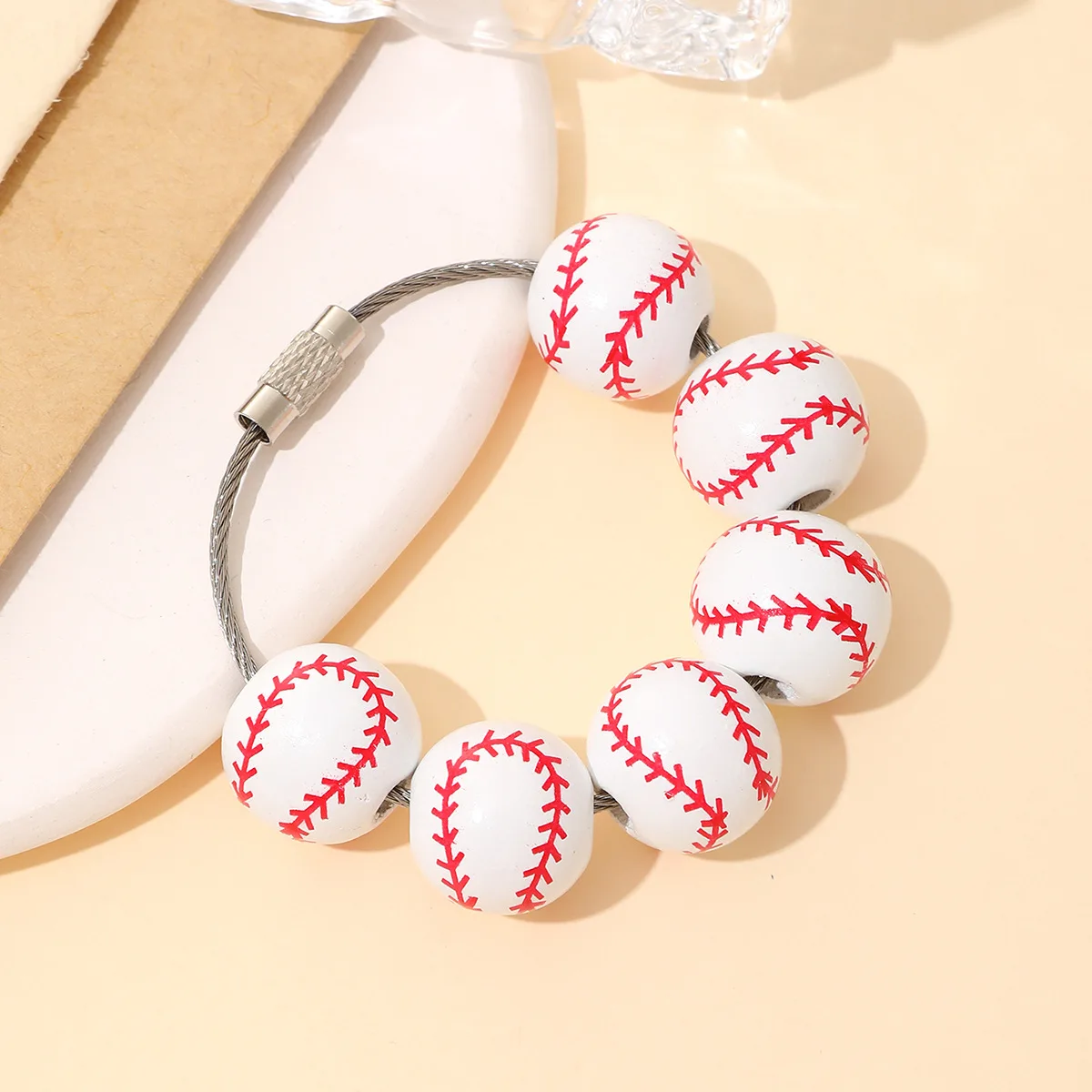 Beach Tote Bag Accessories Sports Beaded Keychain for Teens/Sports Gift Wooden Beads Soccer/Baseball Wrist Keychain Key Ring