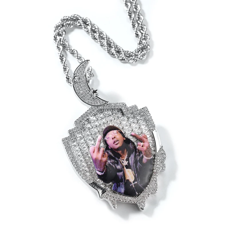 Moon Shield Shape Custom Photo Pendants Necklace for Men 5A+ CZ Stone Bling Iced Out Hip Hop Rapper Jewelry Gold Silver Color
