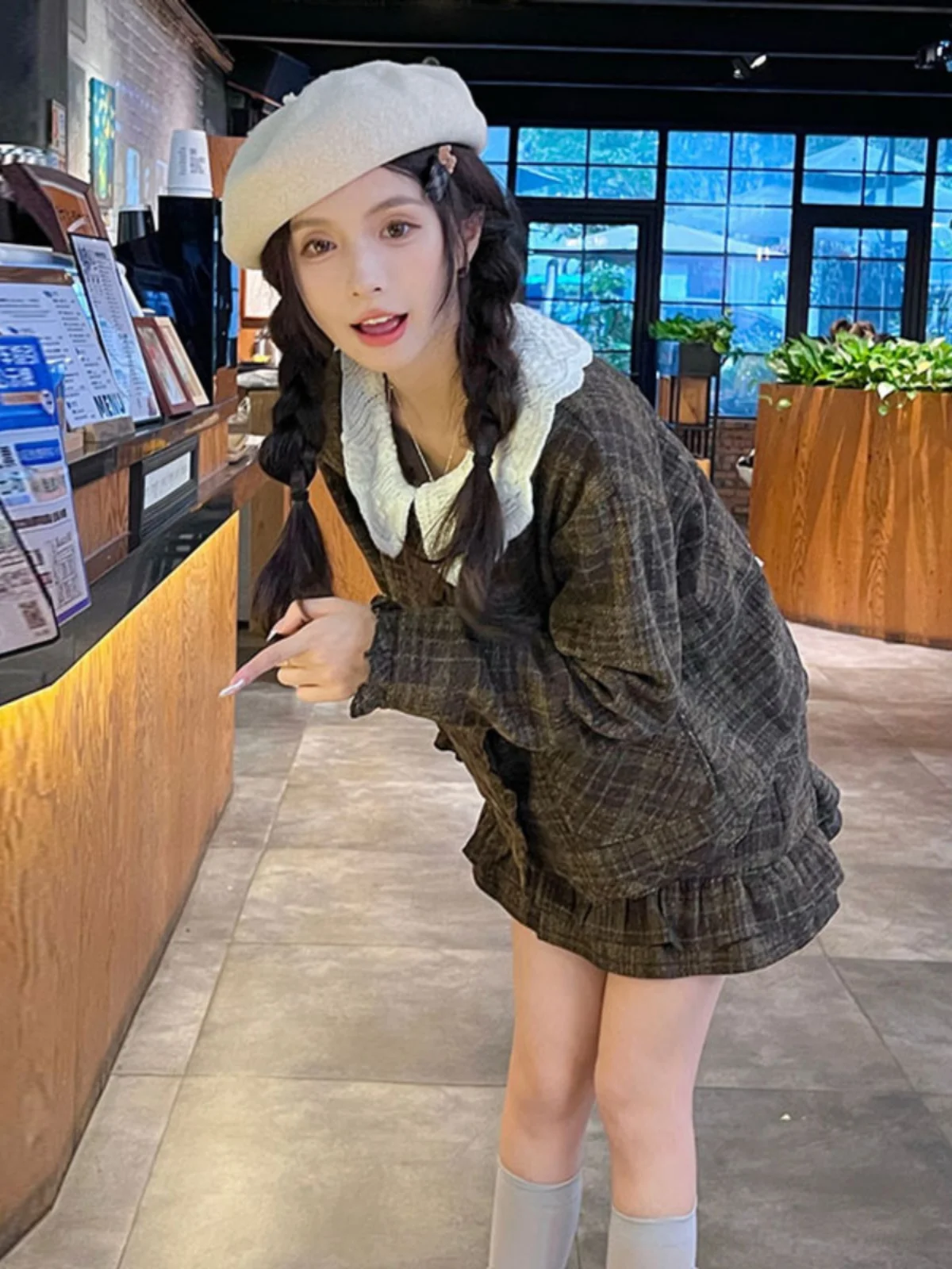 

Preppy Plaid Shirt And Skirt Set Women's Fashion Autumn Outfit Comfortable Cotton Top Button Closure Midi Skirt