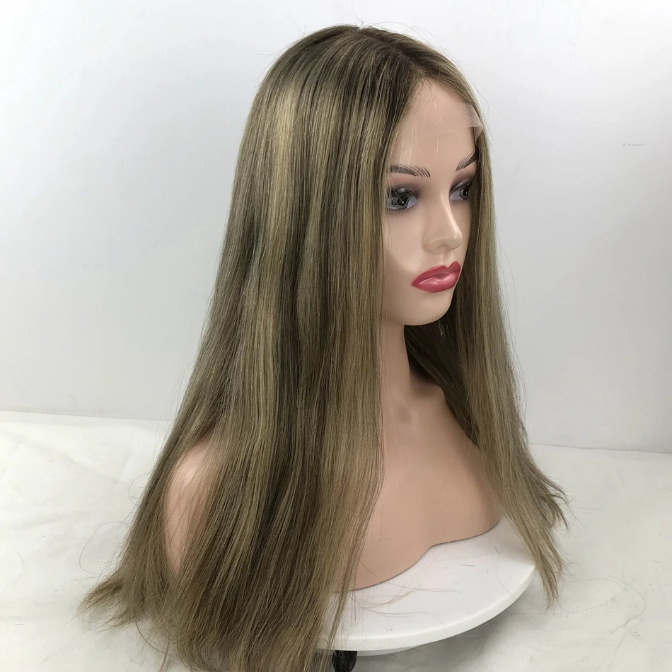 Peruca de cabelo humano kosher-remy para mulheres brancas, marrom com destaques, estilo reto longo, top de renda suíço, sheitels de pequena camada