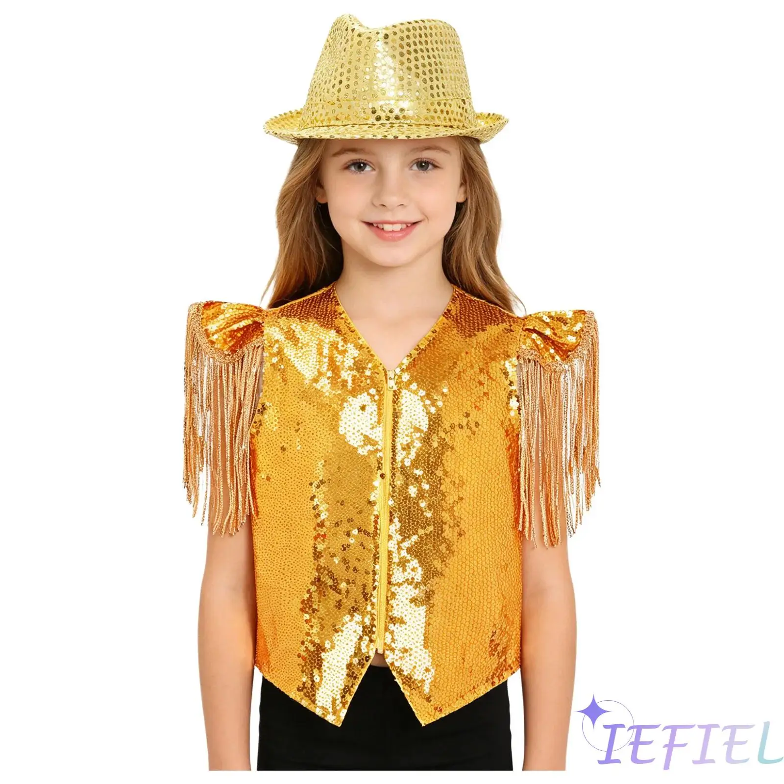 

Костюм для джазовых и уличных танцев унисекс для детей: топ-жилет с короткими рукавами, асимметричным подолом, пайетками, бахромой и металлическим эффектом, а также шляпа с пайетками