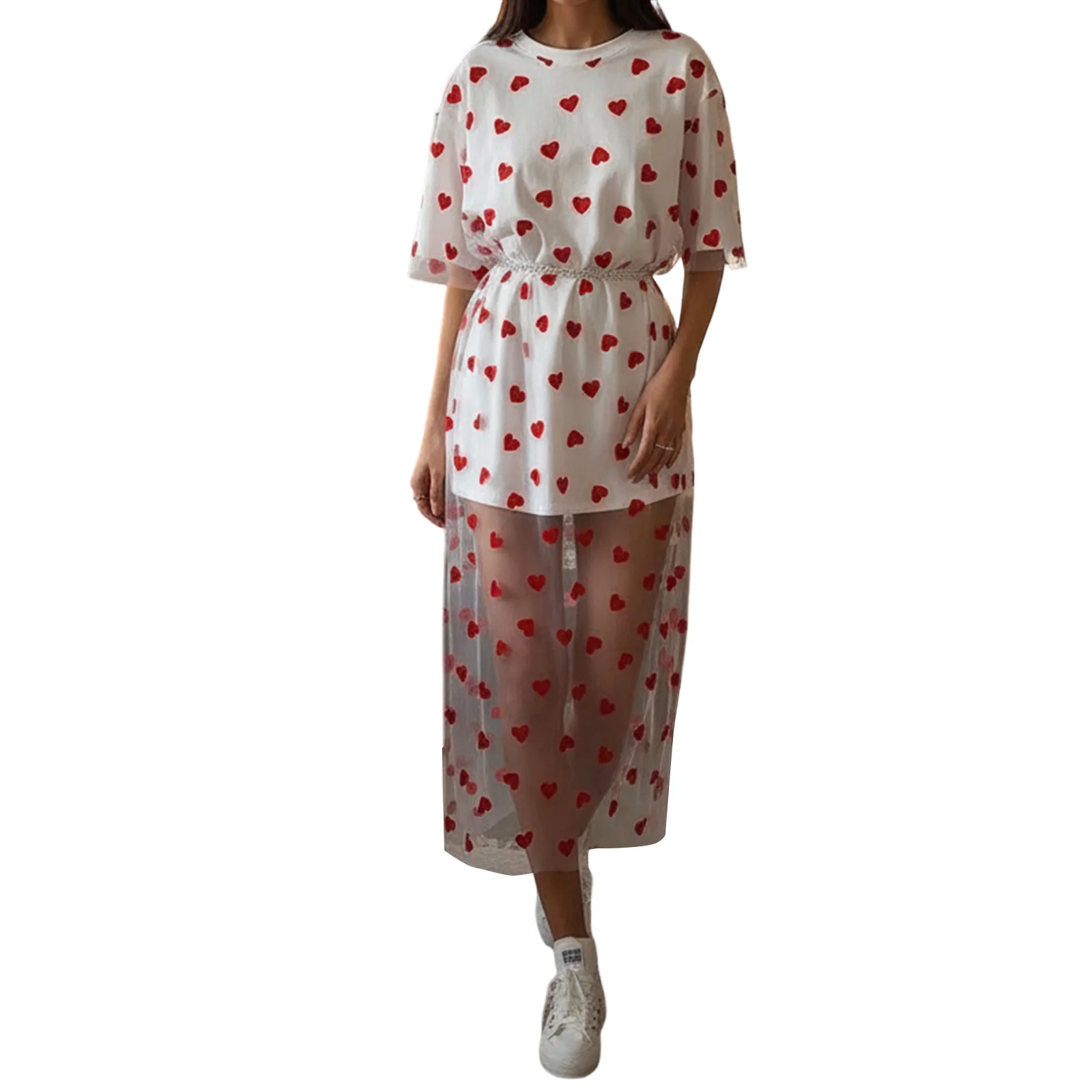 

Женская летняя двухслойная футболка, модные топы с короткими рукавами и круглым вырезом с принтом сердца