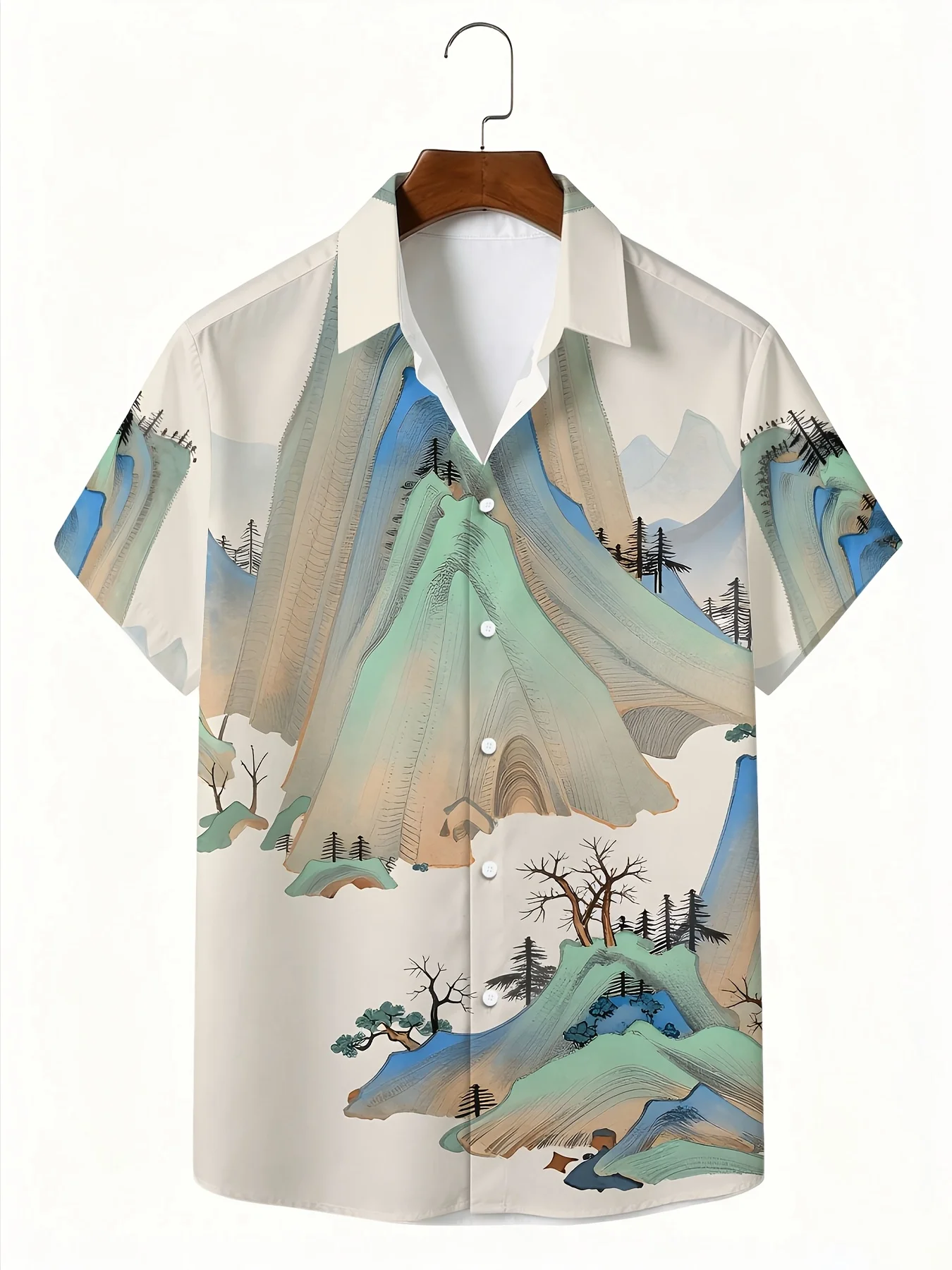 Men's Hawaiian Short Sleeve Shirt Vintage Chinese Landscape Mountain Tree Print Turn Down Collar Casual Beach Top Mens Clothing