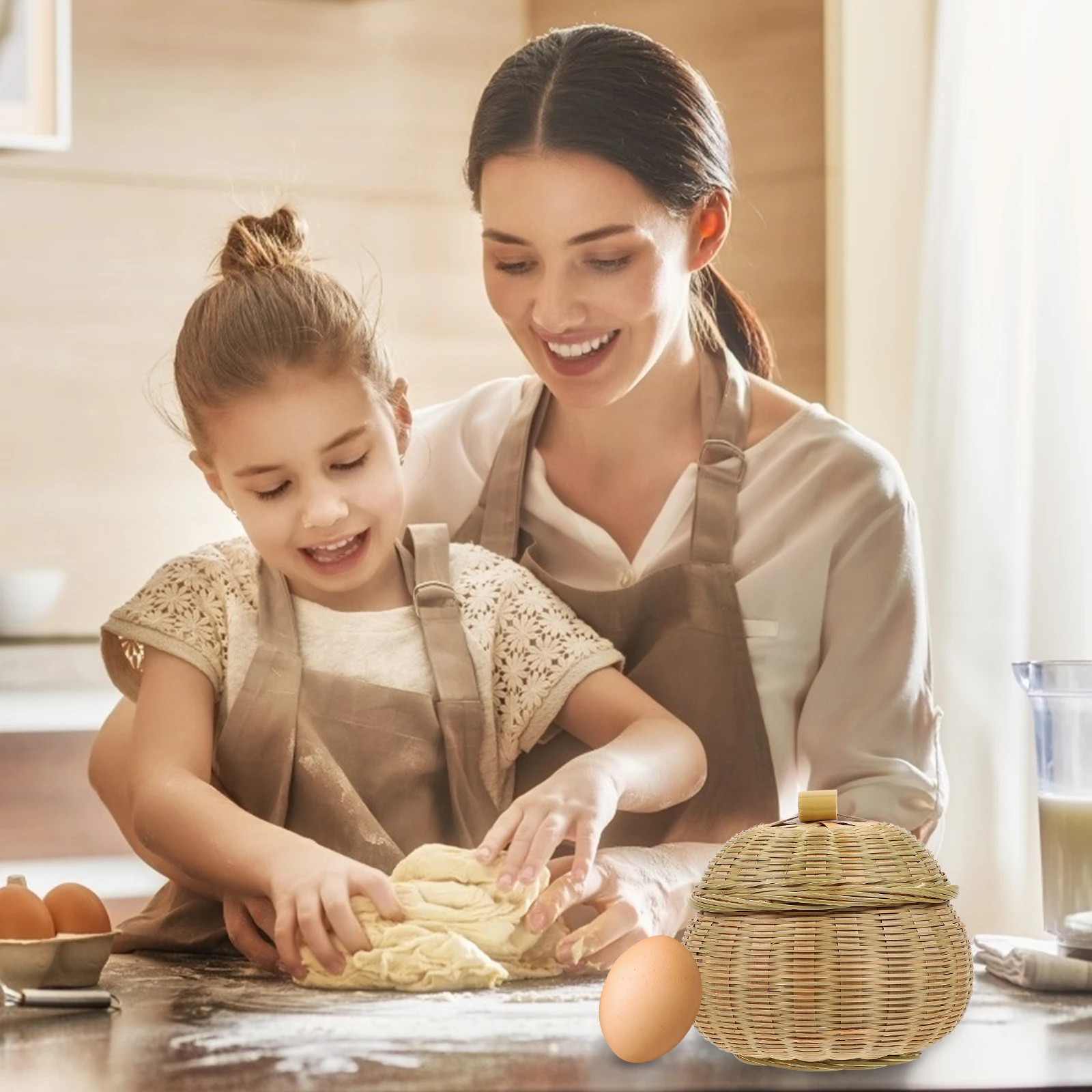 

Multifunctional Bamboo Egg Basket with Lid Large Capacity Decorative Storage Basket for Kitchen Pantry Food Holder