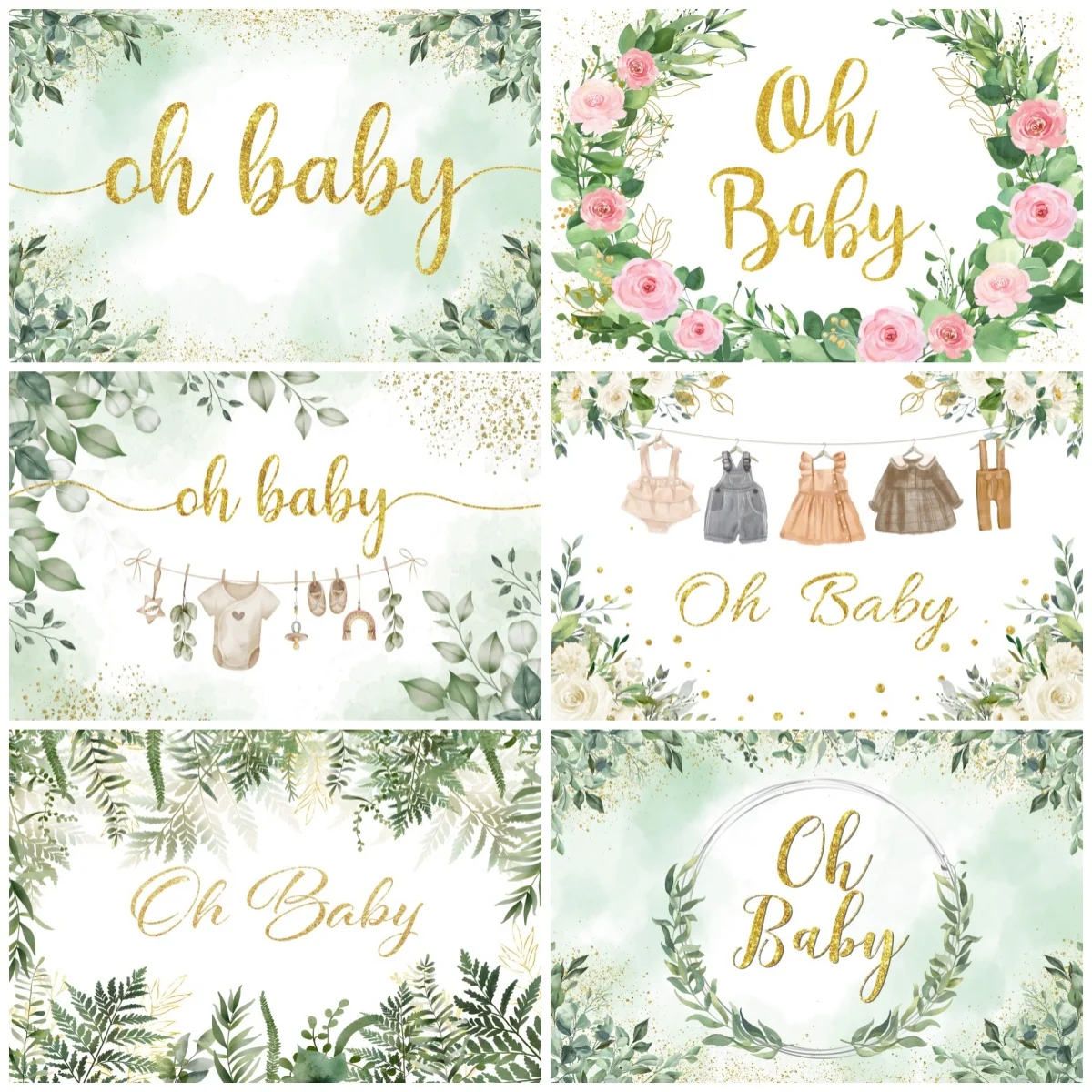 Oh Baby Baby Shower Photography Background Floral Greenery Baby Clothes For Gender Reveal Kids Party Photo Booth Backdrop Decor