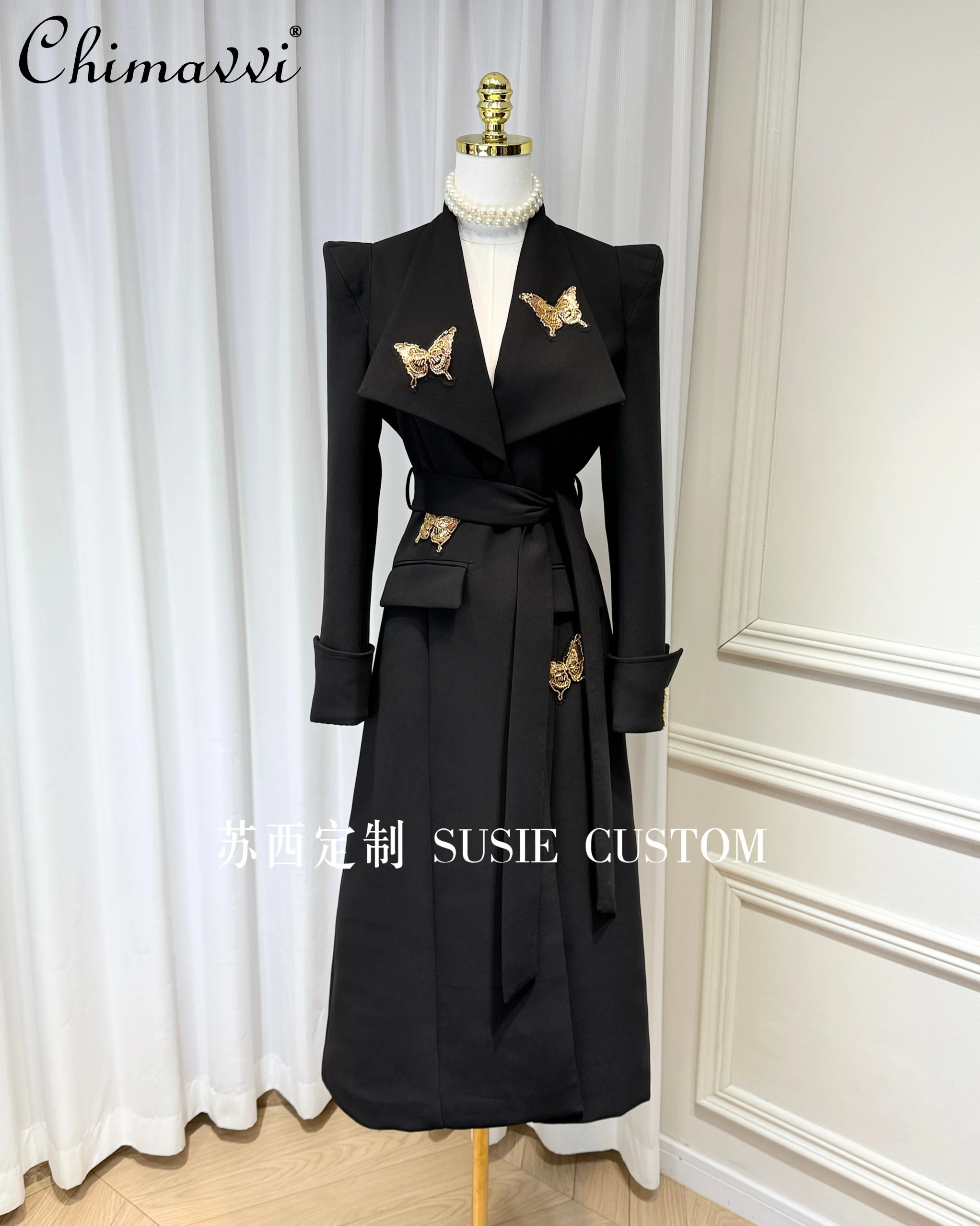 High-end Large Lapel V-neck Beaded Sequins Butterfly One Buckle Strap Waist Long Coat Winter New Fashion Lace-up Elegant Jacket