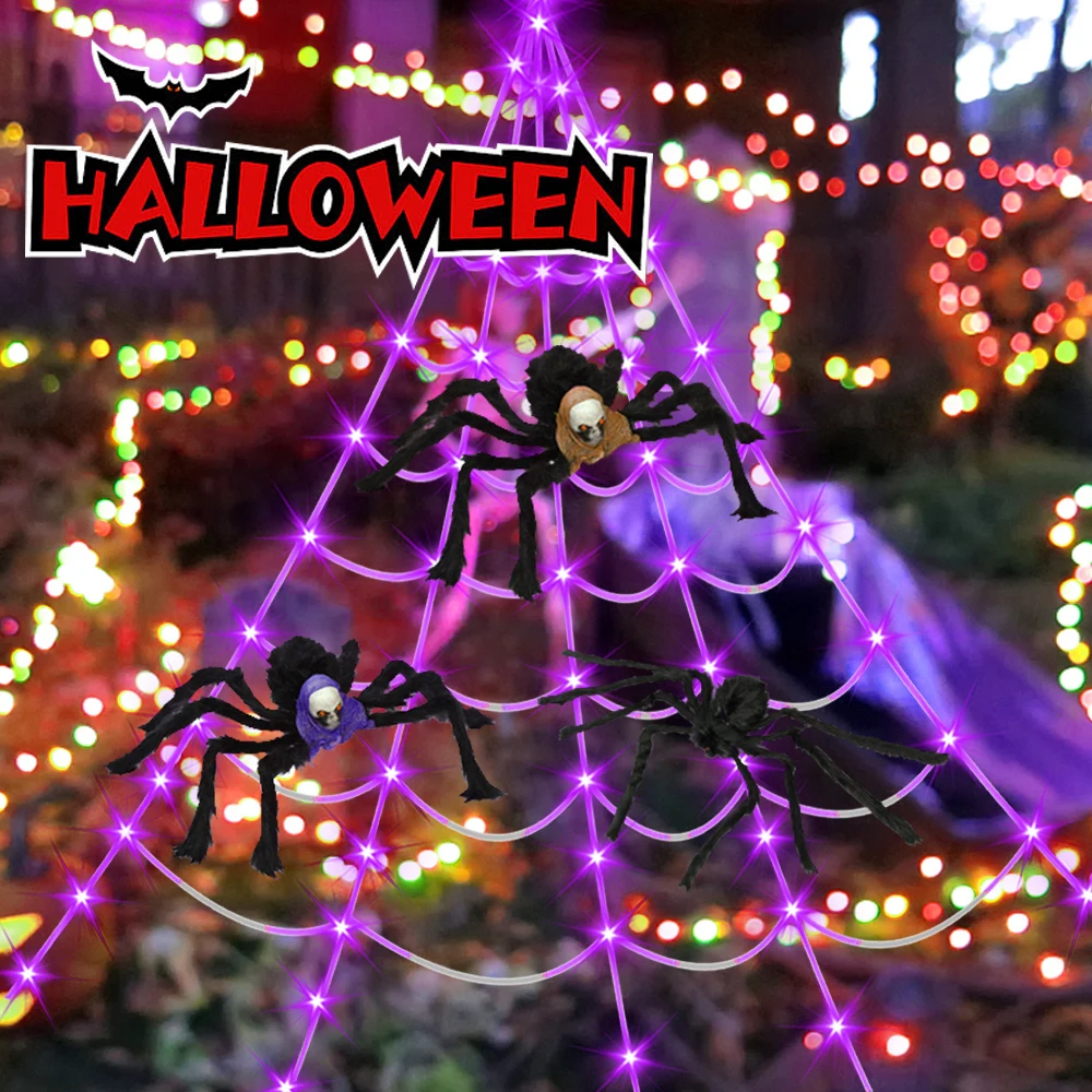 Halloween Spider Web String Light Waterproof Large Cobweb Net 8 Modes Spider Web Halloween LED Lights Halloween Party Decoration