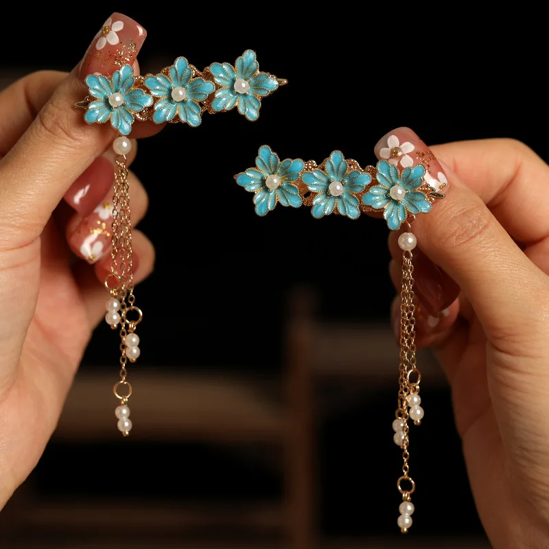 

Vintage Chinese Style Tassel Hairpin Side Clip Flower Hair Clips For Women Elegant Hanfu Jewelry Hair Accessories For Girls