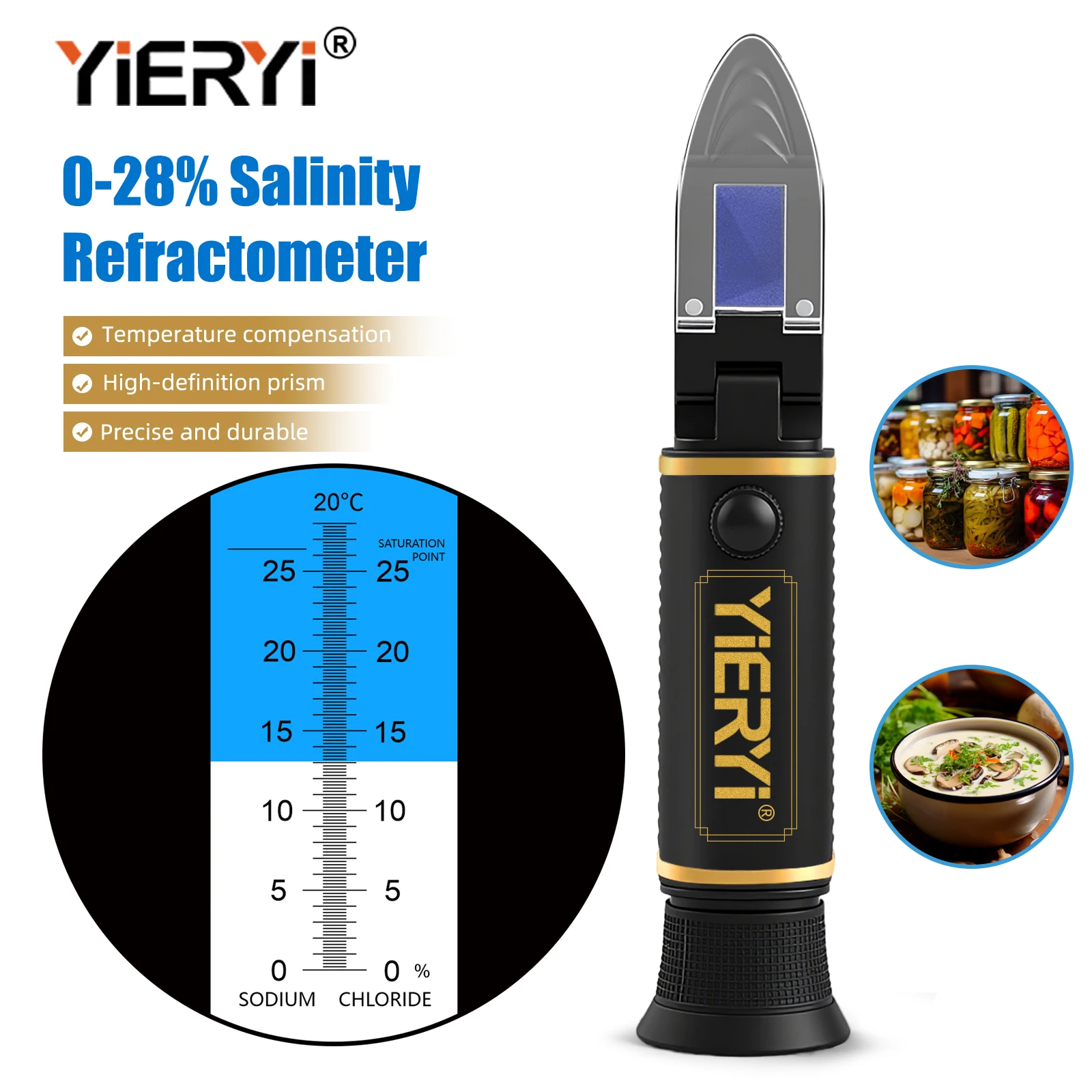 Yieryi Salinity Refractometer 0-28% NaCl ATC 10-30°C Handheld For Pickling Food Processing Aquaculture Salt Concentration Tester