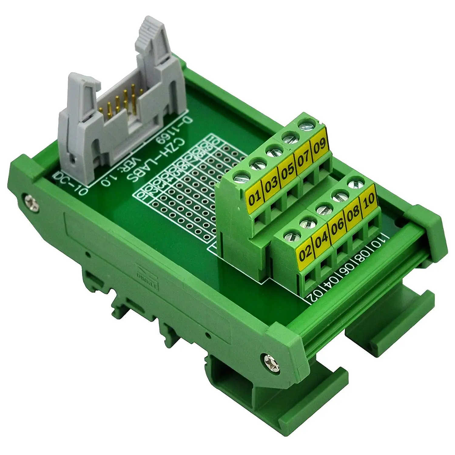 

CZH-LABS DIN Rail Mount IDC-10 Male Header Connector Breakout Board Interface Module, IDC Pitch 0.1", Terminal Block Pitch 0.2"