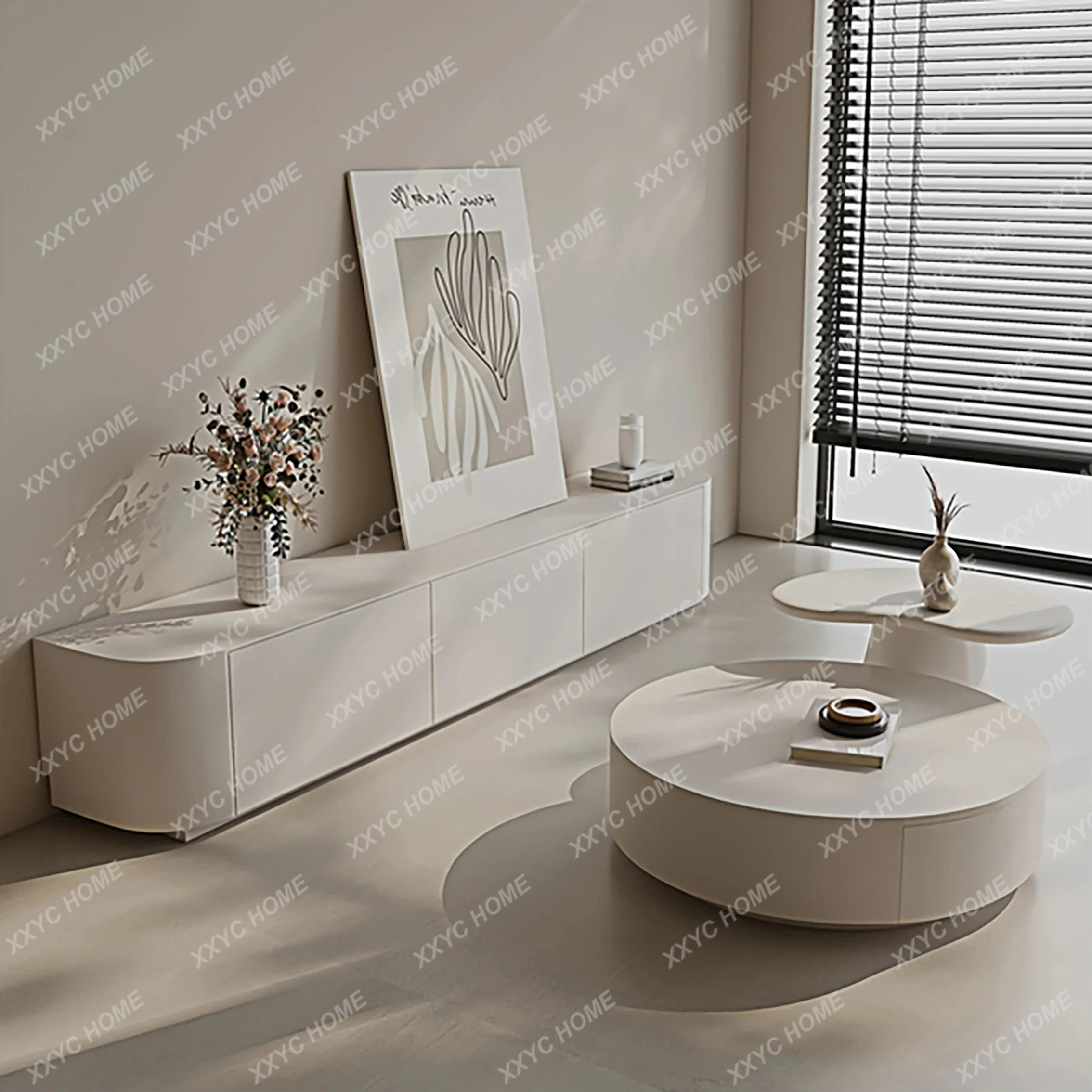 L**Modern simple  light luxury living room small apartment cream wind round coffee table TV cabinet