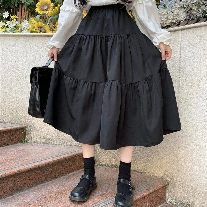 Kawaii rok panjang wanita, Harajuku Lolita lucu tambal sulam pinggang tinggi longgar rok A-Line Midi gadis Vintage kasual rok lembut