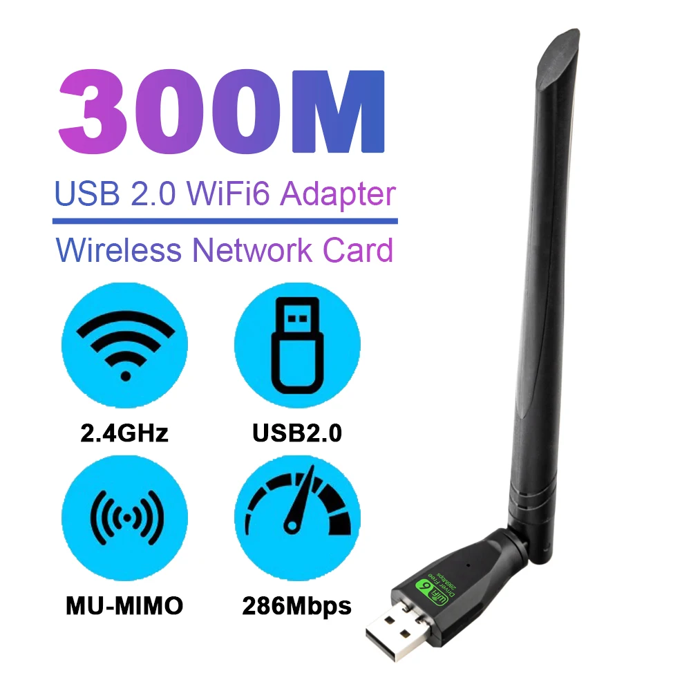 

300Mbps Wireless Network Card 2.4G USB WiFi Adapter WiFi LAN Card WiFi USB2.0 Dongle High Gain Antenna For Windows 7 8 10 11